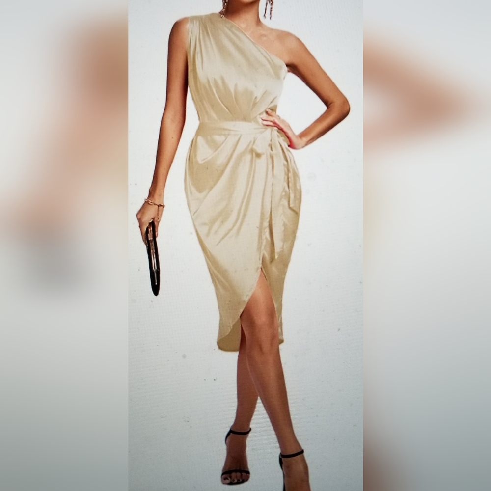 ELEGANT PARTY ONE SHOULDER RUCHED SPLIT WRAP HAM SLEEVELESS DRESS - Picture 7 of 12